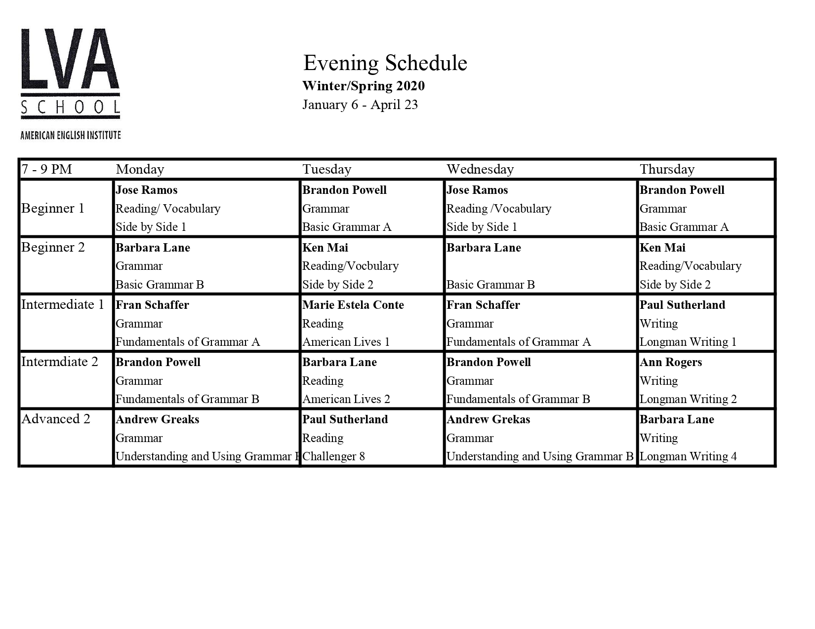 Schedule LVA School